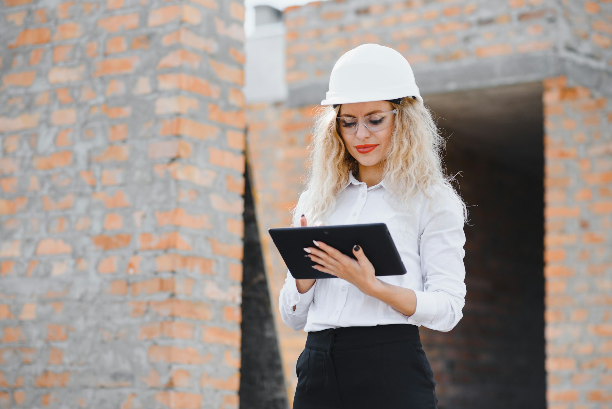 Construction engineer. Girl with construction documentation